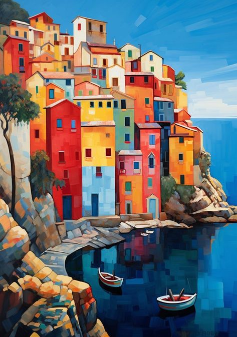 Italian Town Painting, Painting Tricks, Molduras Vintage, ポップアート ポスター, Liguria Italy, Italian Paintings, Italy Painting, Summer Painting, Art Gallery Wallpaper