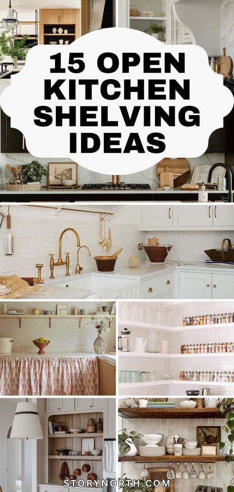 Save this pin for top-notch open kitchen shelving ideas that will transform your space! Get inspired to redecorate with these creative and stylish designs. #homedecor #kitchenshelving #interiordesignideas Kitchen Shelving And Cabinet Ideas, Kitchen Shelves Next To Cabinets, Wooden Floating Shelves In Kitchen, Wall Of Open Shelving, Kitchen Bookcase Ideas, Kitchen Hooks Ideas, Open Cabinet Kitchen Ideas, Corner Open Shelves, Open Kitchen Cabinets No Doors