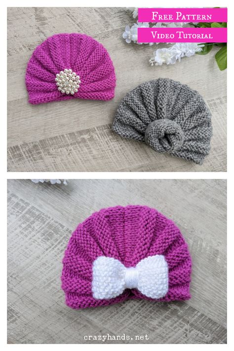 6 Turban Hat Knitting Patterns Knit Hat With Brim, Baby Hats Knitting Free, Hat Free Knitting Pattern, Baby Hat Free Pattern, Baby Turban Hat, Aran Knitting Patterns, Knit Turban, Baby Hat Knitting Pattern, Hat Patterns Free