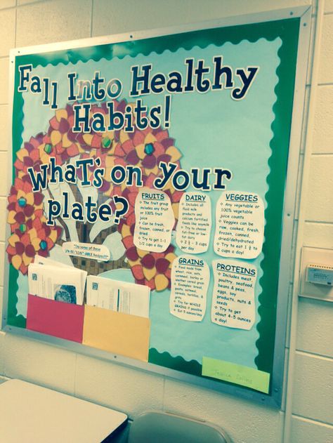 Healthy habits bulletin board for fall. Made it for college elementary health class Healthy Habits Bulletin Board, Cafeteria Bulletin Boards, Nutrition Bulletin Boards, Pe Bulletin Boards, Nurse Bulletin Board, Health Bulletin Boards, School Nurse Office, Work Bulletin Boards, School Nutrition