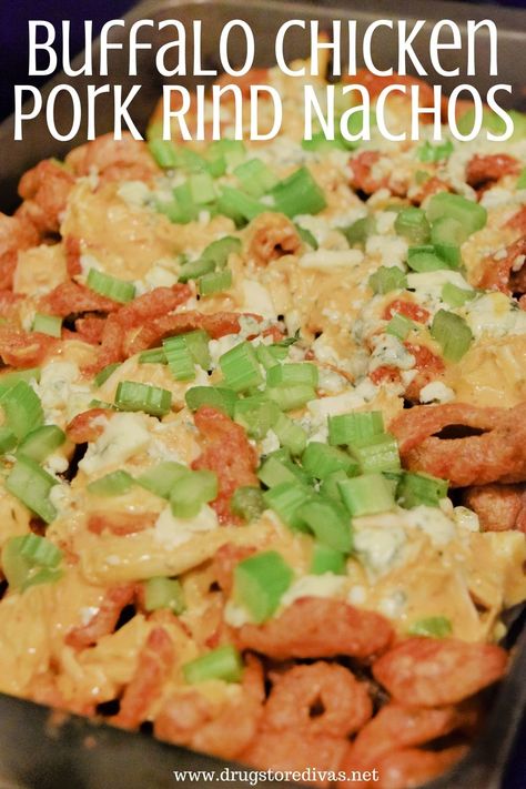 Pork Rind Nachos, Keto Pork Rinds, Keto Nachos, Buffalo Chicken Nachos, Nachos Ingredients, Shredded Buffalo Chicken, Pork Rind, Chicken Nachos, Slow Cooker Pulled Pork