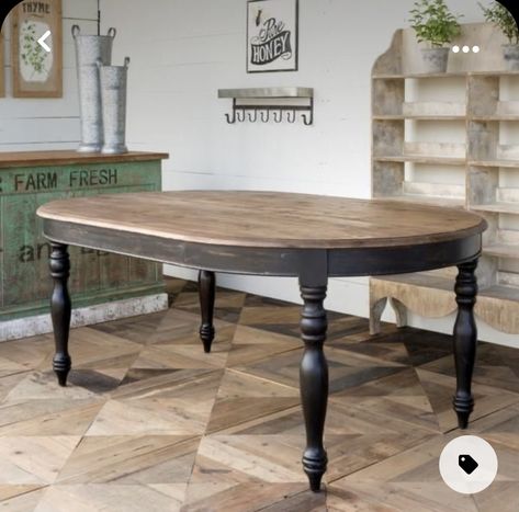 Black Oval Farmhouse Dining Table, Wood Table Black Base, Oval Kitchen Table Makeover, Wood Table With Black Base, Oval Dining Table Makeover, Black And Wood Table, Oval Farmhouse Table, Oval Farmhouse Dining Table, Black Farmhouse Table