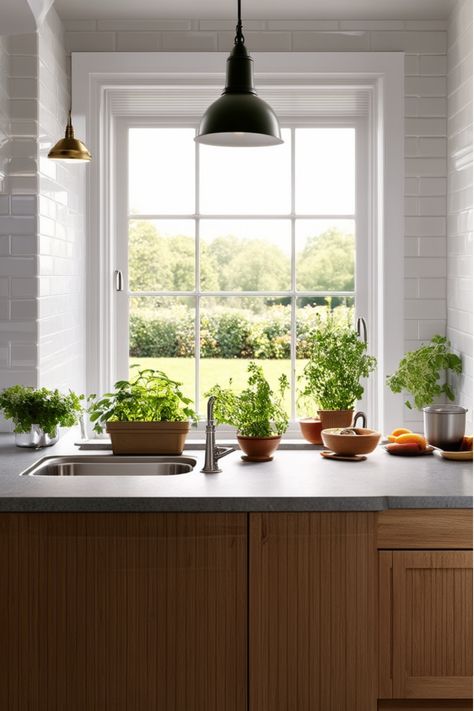 Farmhouse kitchen with large window and garden view Rustic Countertops, Kitchen With A View, Dream Farmhouse Kitchen, Rustic Exterior, Cabinet Door Styles, Dream Farmhouse, Farmhouse Kitchen Design, Kitchen Paint Colors, Integrated Appliances