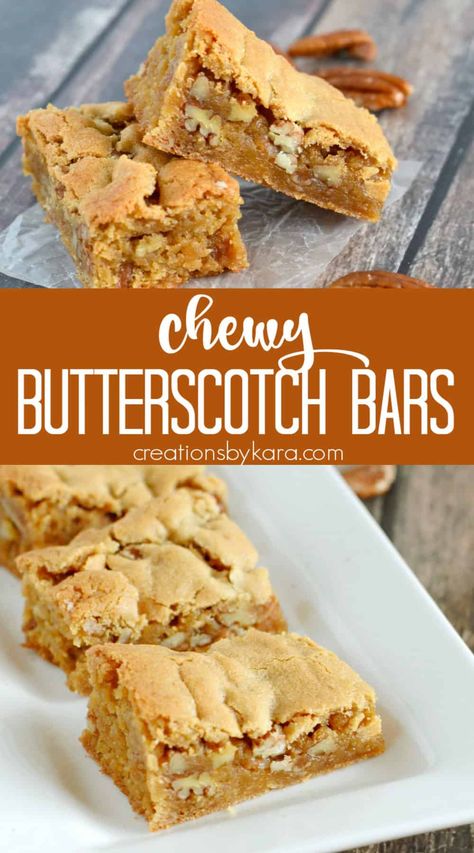 Maple Butterscotch Bars recipe -Give these rich and chewy Butterscotch Bars a try. They are a delicious bar cookie recipe! #butterscotchbars #chewybutterscotchbars #butterscotchblondies #butterscotch #creationsbykara Maple Butterscotch Cookies, Butterscotch Recipes Homemade, Man Bars Recipe, Butterscotch Bars Recipe, Butter Scotch Cookies Recipes, Butterscotch Chip Recipes, Banana Flip Cake Recipe, Butterscotch Recipe, Maple Bars Recipe