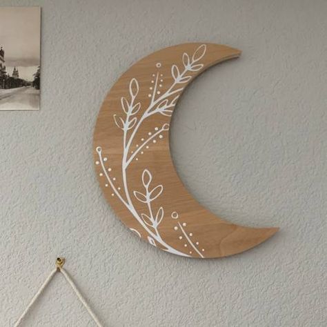 Moon Wall Decor, Wood Painting Art, Moon Wall Art, Moon Gifts, Moon Wall, Bohemian Bedroom Decor, Bohemian Bedroom, Natural Wood Finish, Command Strips