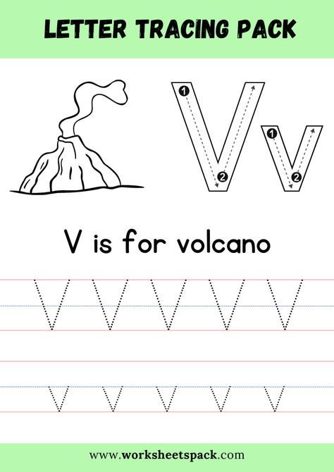 V is for Volcano Coloring, Free Letter V Tracing Worksheet PDF - Printable and Online Worksheets Pack Letter V Volcano Craft, The Letter V Crafts For Preschool, Letter V Activities For Kindergarten, Letter V Tracing Worksheet, Letter Volcano, Volcano Worksheet Preschool, V Is For, V Activities For Preschool, Letter V Crafts For Preschoolers