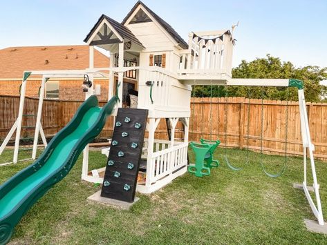 Modern Farmhouse Swing set Makeover-Under $150 – Ashton Sedita Wood Play Set Makeover, Diy Playground Upgrades, Playset Color Ideas, Play Set Makeover Wood, Under Playset Ideas, Wooden Playset Makeover, Farmhouse Playset, Playground Remodel, Outdoor Playset Makeover