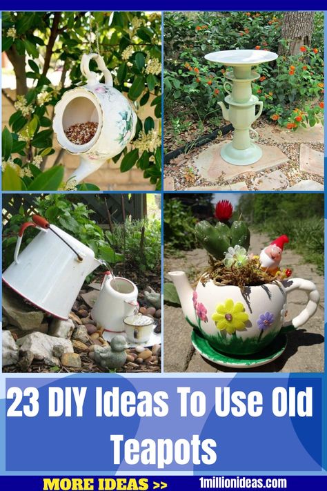 23 DIY Ideas To Use Old Teapots Old Tea Pots Ideas, Garden Teapot Ideas, Teacup Bird Feeder Diy Teapot Birdhouse, Tea Pot Bird Feeder, Tea Pot Garden Decor, Teapot Garden Art, Tea Pot Decorating Ideas, Tea Cup Planters Diy, Repurpose Teapots