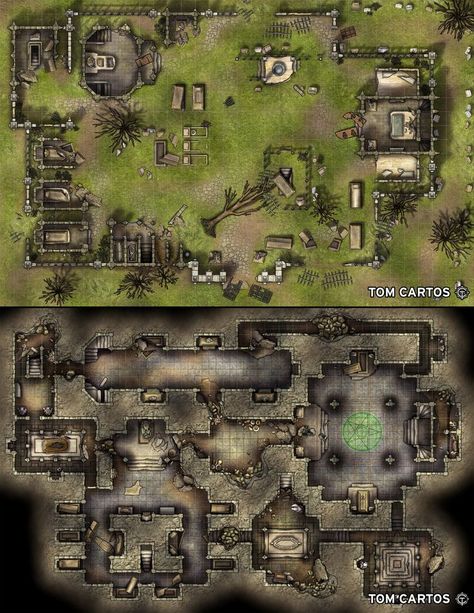 Click the link to download & find out more. #tomcartos #battlemap #map #ttrpg #dnd #rpg #pathfinder #dungeons #dragons #5e #d&d #free #ruin #destroyed #abandoned #old #damaged #cemetery #graveyard #crypt #tomb Fantasy City Map, Map Ideas, Village Map, Dungeon Tiles, Dnd World Map, Building Map, Fantasy World Map, Dungeon Master's Guide, Tabletop Rpg Maps