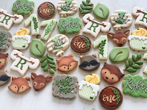 A Wild One Birthday Party, First Birthday Cookies, Woodland Animal Birthday, Wild Birthday Party, Forest Birthday, Boys First Birthday Party Ideas, Boys 1st Birthday Party Ideas, Woodland Birthday Party, Baby Boy 1st Birthday Party