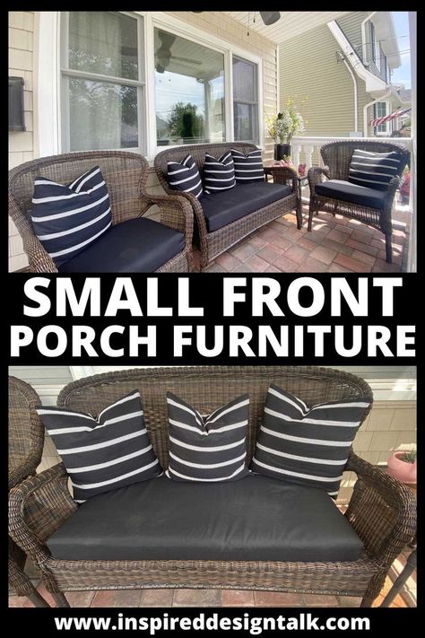 small porch ideas Barndominium Front Porch Furniture, Small Porch Furniture, Small Porch Furniture Ideas, Manufactured Home Porch Ideas, Front Porch Furniture Ideas, Small Porch Decorating Ideas, Porch Furniture Ideas, Small Back Porches, Manufactured Home Porch