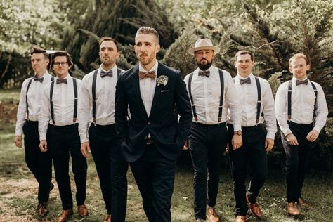 Brown bowties + suspenders | Image by Vic Bonvicini Photography Wedding Groomsmen Attire, Mens Wedding Attire, Groom Wedding Attire, Bridal Party Attire, Groomsmen Outfits, Groomsmen Photos, Cinderella Story, Groom And Groomsmen Attire, Wedding Suits Groom