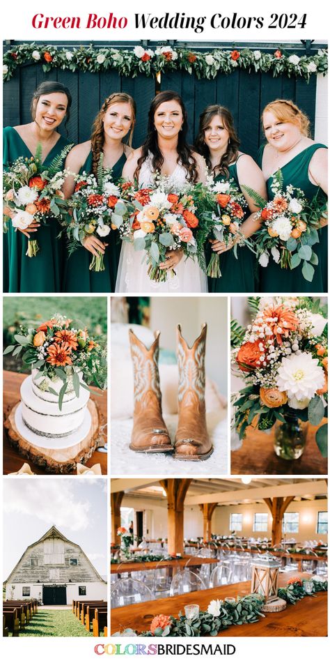 Green Boho Wedding Colors 2024 Ideas: Green Bridesmaid Dresses, orange flowers and sage greenery pair with bouquets and centerpieces for some chic indie vibes. A true boho display is all about the right mix of colors and textures, and this arrangement pulls it off perfectly. #weddings #weddingideas #weddingcolors #bridesmaiddresses #colsbm #2024 #bohowedding #green Boho Wedding Color Schemes, Wedding Colors 2024, Top Wedding Colors, Vintage Wedding Colors, Boho Wedding Colors, Orange Wedding Themes, Champagne Wedding Colors, Popular Wedding Colors, Wedding Color Combinations