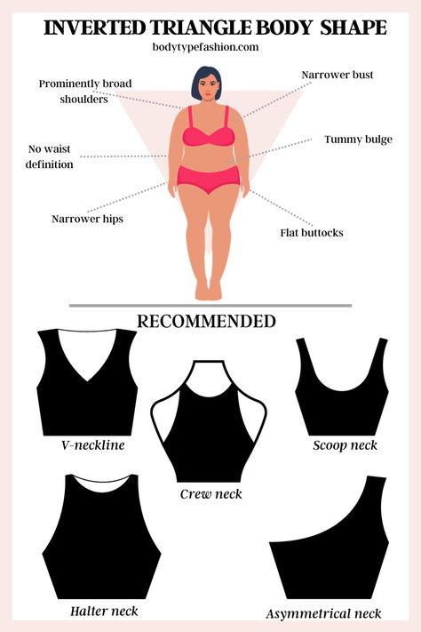 Necklines for Inverted Triangle Body Type - Fashion for Your Body Type Inverted Triangle Neckline, Inverted Triangle Body Type, Triangle Outfits, Inverted Triangle Body Shape Fashion, Inverted Triangle Body Shape Outfits, Body Type Clothes, Triangle Body Shape Fashion, Rectangle Body Shape Outfits, Inverted Triangle Fashion