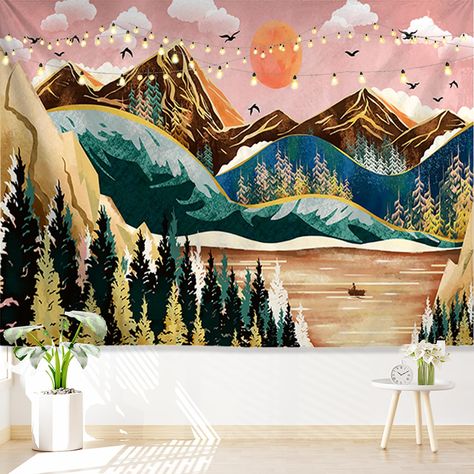 PRICES MAY VARY. 🌄Tapestry-Exquisite Design: Immerse yourself in the beauty of a sky with our aesthetic tapestry. Featuring a stunning pattern of a vast mountain backdrop and a prominent lake at the center, this sun tapestry adds a touch of enchantment and tranquility to any space 🌄Tapestry-HD Print: This forest tapestry is printed with special inks. After many attempts, we chose this size and thickness to achieve the HD Print effect. Therefore, the color will not fade after a long time of use Mountain Tapestry, Dorm Living Room, Tree Tapestry, Tapestry Nature, Forest Tapestry, Green Wall Decor, Flower Tapestry, Aesthetic Sunset, Lake Landscape