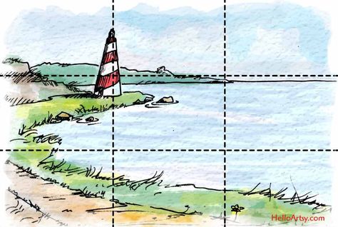 Rule of Thirds ♥ How to compose Great artwork. EASY step by steps for using the rule of thirds in your drawings & paintings. | HelloArtsy.com Rule Of Thirds Drawing, Rule Of Thirds Examples, Beginners Drawing, The Rule Of Thirds, Rule Of Three, Acrylic Tips, Lighthouse Painting, Watercolor Tips, How To Make Drawing