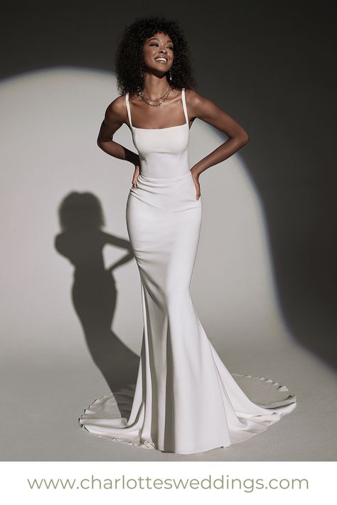 Minimal Sleek Wedding Dress, Satin Straight Neck Wedding Dress, Elegant Wedding Dress Square Neck, Wedding Dresses For Straight Body Type, Crepe Dress Wedding, Fitted Flare Wedding Dress, Simple Square Neckline Wedding Dress, Pretty Back Wedding Dress, Square Neck Jewelry Ideas