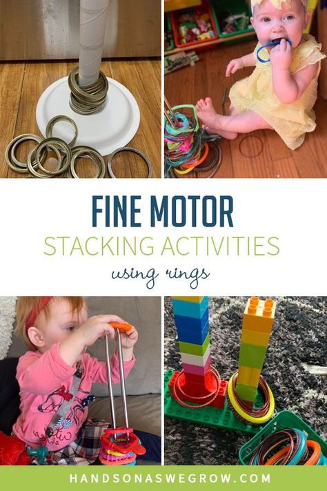 All you need is a standing paper towel holder and circular objects from around the house to make this easy DIY ring stacking toy for toddlers and babies fine motor activities at home. Stacking Activities For Infants, Diy Stacking Rings Toy, Standing Activities For Babies, Diy Fine Motor Activities Toddlers, Easy Fine Motor Activities For Toddlers, Infant Fine Motor Activities, Sensory Themes, Fine Motor Activities For Infants, Fine Motor Activities For Babies