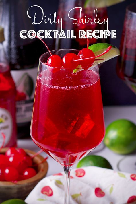 The Dirty Shirley is an elevated, adult version of the classic Shirley Temple. This recipe includes cocktail and non-alcoholic variations. #cocktail #shirleytemple #dirtyshirley #easy #4thofjuly #summer #recipe | alittleandalot.com Dirty Shirley Recipe, Shirley Temple Recipe, Shirley Temple Drink, Dirty Shirley, Cold Drinks Recipes, Spritzer Recipes, Orange Liquor, Cherry Vodka, Tart Cherry Juice