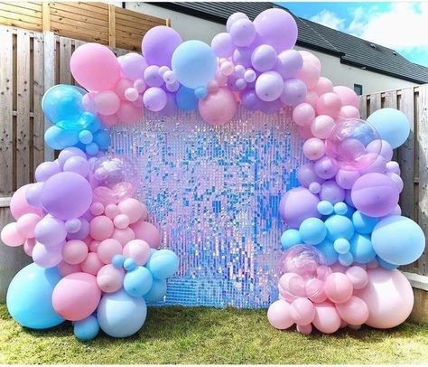 Lilo And Stitch Backdrop Ideas, 2nd Birthday Party For Girl, Mermaid Birthday Party Decorations, Blue Birthday Parties, Frozen Themed Birthday Party, Violet Pastel, Birthday Party Background, Shimmer Wall, Purple Birthday