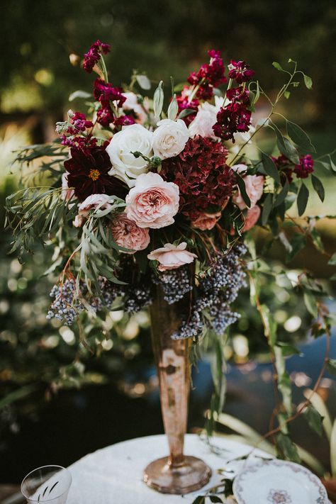 Autumn Wedding | Winter Wedding Flowers | Gold Vase | Marsala | Blush | GoldAutumn Florida Wedding Orlando Wedding Tall Flower Centerpieces, Winter Wedding Centerpieces, Tall Wedding Centerpieces, Fall Wedding Centerpieces, Wedding Floral Centerpieces, Fall Wedding Flowers, Burgundy Flowers, Flower Centerpieces Wedding, Wedding Table Centerpieces