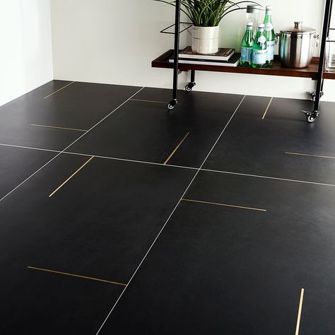 Want some attention on the floor? Love these brass inlays! #interiorfinishes#tilewithinlay#floortile#interiordesign Inlay Flooring, Matte Porcelain Tile, Black Tile, Brass Inlay, Black And White Tiles, Modern Tiles, Black Tiles, Black Floor, Commercial Flooring