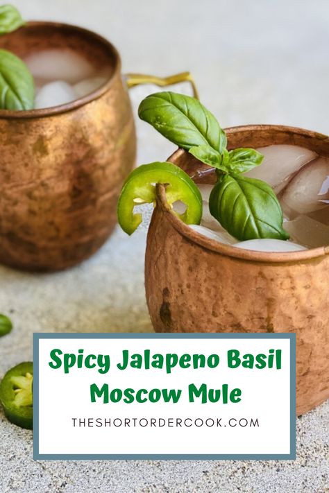 two mugs of jalapeno basil Moscow mule Summer Drinks Kids, Easy Drinks To Make, Happy Hour Food, Best Summer Cocktails, Moscow Mule Recipe, Spicy Cocktail, Mule Recipe, Vodka Recipes, Summer Drink Recipes