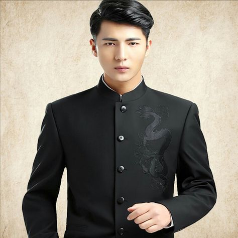 Chinese Formal Wear Men, Mandarin Collar Suit, Chinese Suit, Single Breasted Suit, Cut Blazer, Chinese Collar, Tang Suit, Mens Formal Wear, Chinese Wedding