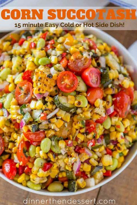 Corn Succotash made with freshly grilled corn, zucchini, grape tomatoes, red bell peppers, lima beans and red onion. | #summer #sides #sidedish #picnic #dinnerthendessert #easysidedish #vegetarian #corn Sucatash Recipe, Feijoada Recipe, Cabbage Recipes Southern, Summer Succotash, Succotash Recipe, Corn Succotash, Corn Zucchini, Easy Coleslaw, Coleslaw Recipe Easy