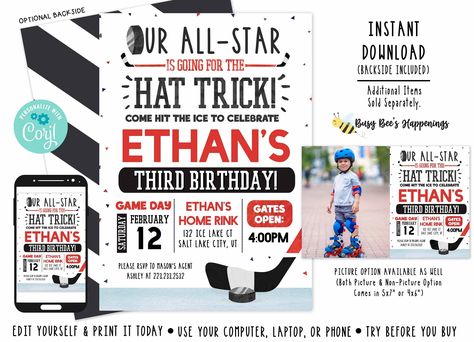 Hat Trick Hockey Birthday, Hockey Birthday Party, Hockey Birthday Parties, Hockey Birthday, Sports Birthday, Office Depot, Third Birthday, Busy Bee, Birthday Invite