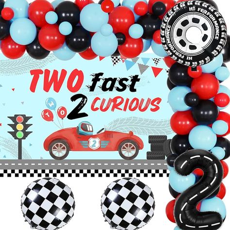 Amazon.com: kreat4joy Two Fast Two Curious Birthday Decorations Boy, Race Car 2nd Birthday Decorations, Blue Black Balloons Arch with Backdrop Checkered Number 2 Foil Balloons Let's Go Racing 2nd Birthday Party : Everything Else 2 Fast Balloon Arch, Two Fast Balloons, 2 Fast Backdrop, 2 Fast Birthday Party Blue, Two Fast Birthday Blue, 2nd Birthday Cake Boy, 2nd Birthday Boys, Car Themed Parties, Race Party