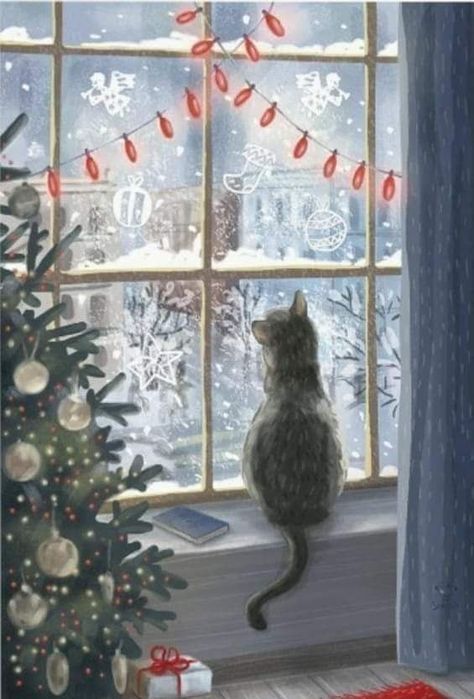 Window Drawing, Ninja Cats, Winter Window, Winter Illustration, Winter Painting, Dessin Adorable, Christmas Drawing, Winter Art, Noel Christmas