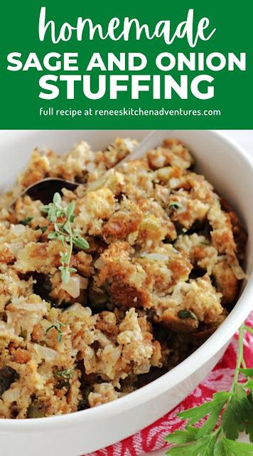 Sage and Onion Stuffing by Renee's Kitchen Adventures. Easy recipe for classic homemade sage and onion stuffing made from scratch. Make ahead directions included as well as cooking directions for stuffing in bird, in casserole dish, and in slow cooker!! Homemade Stuffing Recipes, Onion Stuffing, Easy Stuffing Recipe, Turkey Stuffing Recipes, Sage And Onion Stuffing, Dressing Recipes Thanksgiving, Sage Stuffing, Homemade Stuffing, Stuffing Recipes For Thanksgiving