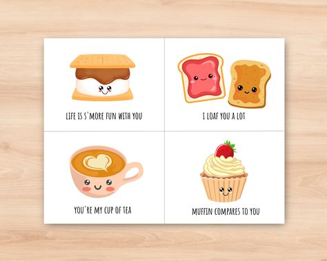 Food Pun Greeting Card Printable, Life is S'more Fun, My Cup of Tea, Loaf You A lot, Muffin Compares to You, Friend Birthday Pun Card Card Puns, Birthday Card Puns, Tea Loaf, Birthday Puns, Greeting Card Printable, Food Pun, Cute Puns, Pun Card, Food Puns