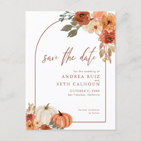 $2.05 | Boho Arch Autumn Pumpkin Terracotta Save The Date #fall wedding, fall save the date, orange flowers, terracotta, pumpkins, modern, engaged, boho arch, boho wedding, postcard Terracotta Pumpkins, Boho Arch, Hello Love, Floral Save The Dates, Save The Date Postcards, Save The Date Magnets, Beautiful Autumn, Date Cards, Formal Invitation