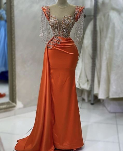 Matron Dresses, Orange Evening Dress, Orange Evening Dresses, Homecoming Outfit, Fancy Short Dresses, Nigerian Lace Styles Dress, Make A Dress, Ankara Dress Styles, Beautiful Evening Dresses