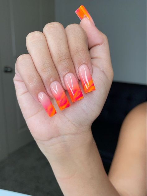 Hot Pink And Orange Ombre Nails, Ombre Pink And Orange Nails, Red Orange Ombre Nails, Glitter Ombre Nails Square, Orange And Pink Ombre Nails, Nail Designs For Square Nails, Designs For Square Nails, Ombre Nails Orange, Square Ombre Nails