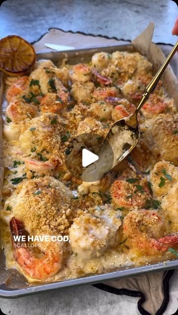 Charred Lemon, Wine Butter Sauce, Scallops And Shrimp, Parmesan Crackers, Seafood Casserole Recipes, Baked Scallops, Wine Butter, Seafood Bake, Baked Cod