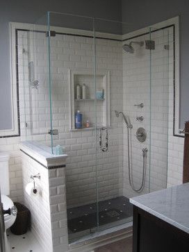 Shower Subway Tile Shower Designs, White Subway Tile Bathroom, Subway Tile Design, Bathroom Niche, Beveled Subway Tile, Subway Tile Showers, Subway Tiles Bathroom, Victorian Bathroom, Gorgeous Bathroom