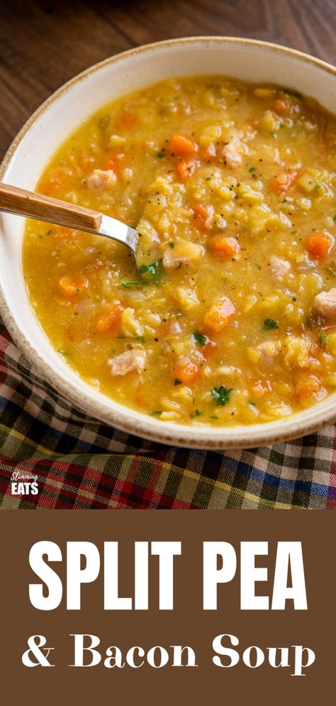 Hearty Split Pea and Bacon Soup (from www.slimmingeats.com) - simple ingredients, packed with flavour and a family favourite!!! - #glutenfree #dairyfree #bacon #pulses #splitpeas #soup #slimmingworld #weightwatchers Yellow Pea And Ham Soup, Yellow Split Pea Soup With Ham Bone, Yellow Pea Soup With Ham Bone, Dry Yellow Split Pea Recipes, Split Yellow Pea Soup, Split Yellow Peas, Yellow Split Pea Soup Recipes, Ham And Split Pea Soup Recipe, Yellow Split Pea Soup With Ham