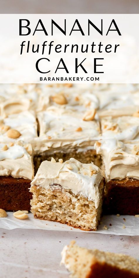 Banana Fluffernutter Cake is a banana cake with marshmallow fluff swirls and a peanut butter Swiss meringue buttercream… with more marshmallow fluff swirls and some lightly salted peanuts, of course! Banana And Marshmallow Dessert, Banana Marshmallow Desserts, Recipes With Fluff, Fluffernutter Recipes, Fluffernutter Dessert, Marshmallow Fluff Desserts, Recipes Using Marshmallow Fluff, Fluffernutter Cake, Marshmallow Fluff Recipes Desserts