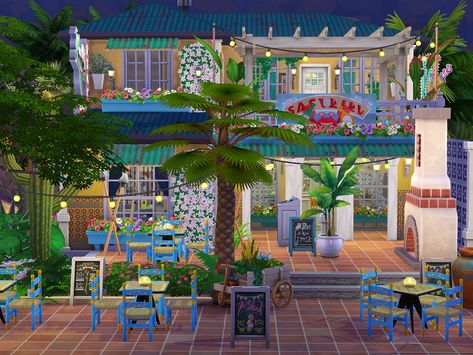 The Sims Resource - Mexican Style Restaurant - no CC Sims 4 Mexican Restaurant, Sims 4 Oasis Springs Restaurant, Sims Restaurant Ideas, Restaurant The Sims 4, Sims 4 Mexican House, Sims 4 Restaurant Ideas, Sims 4 Restaurant No Cc, Mexican Style Restaurant, Sims 4 Mexican