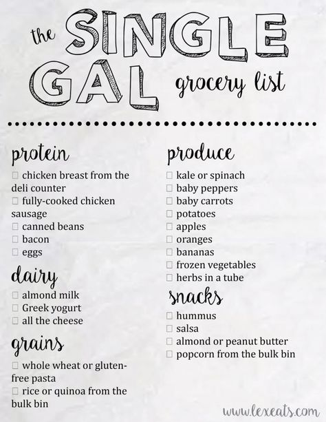 The Single Gal's Grocery List from lexeats.com. Don't waste food and don't get stuck with leftovers you won't eat! High Protein Grocery List Meal Prep, Healthy Grocery List On A Budget For One, How To Grocery Shop, College Grocery List, Budget Grocery List, Living On Your Own, Cheap Grocery List, College Grocery, Cheap Groceries