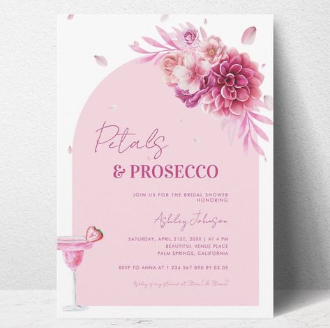 Pretty In Pink Bridal Shower Ideas, Petals Prosecco, Pink Bridal Shower Theme, Shower Vibes, Bridal Shower Bachelorette Party Ideas, Pink Bridal Shower Invitations, Bridal Shower Wine, Bridal Shower Backdrop, Invitations Ideas