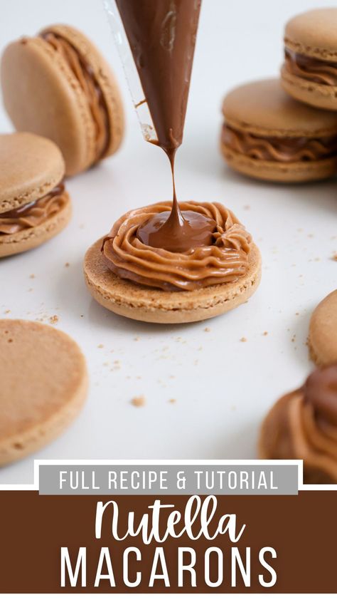 Learn how to make these gorgeous Nutella macarons! My step by step tutorial & detailed recipe will help you master these delicious little cookies. Nutella Ganache Filling, How To Make Chocolate Macaroons, Ganache Filling For Macarons, Nutella Macaron Filling, Chocolate Ganache Macaron Filling, Macaroon Filling, Nutella Macarons, Strawberry Nutella, Nutella Buttercream