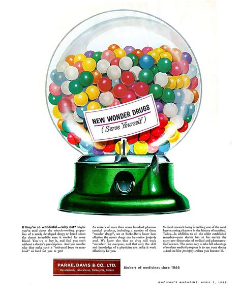 1955 Park Davis & Co. LTD. Bubble-Gum Machine Goods Design, Bubble Gum Machine, Postal Vintage, Retro Candy, Vintage Pop, Vintage Candy, Vintage Illustrations, Gumball Machine, Happy Pills