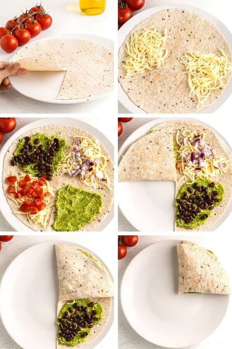 How to Make Vegetarian Quesadillas With Beans and Cheese How To Fold Quesadillas, Guacamole Dinner Ideas, Recipes With Guacamole Dinners, Vegetarian Tortilla Recipes, Low Calorie Quesadilla Recipes, Tiktok Quesadilla, How To Make A Quesadilla, Low Calorie Quesadilla, Guacamole Quesadilla