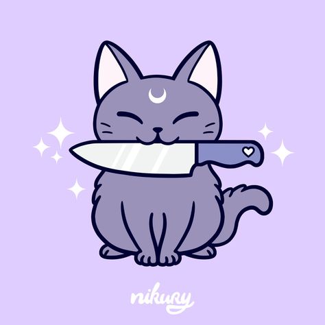 Black Knife, Cartoon Cat, Kittens, Stars, Black