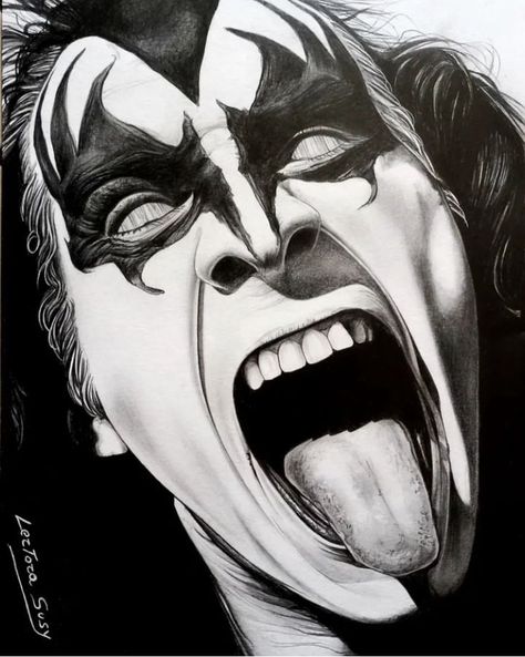 Kiss Band Tattoo, Gene Simmons Drawing, Kiss Band Art, Elvis Stencil, Kiss Rock Band Art, Kiss Artwork, Male Art Reference, Tupac Art, Pencil Drawings Of Flowers