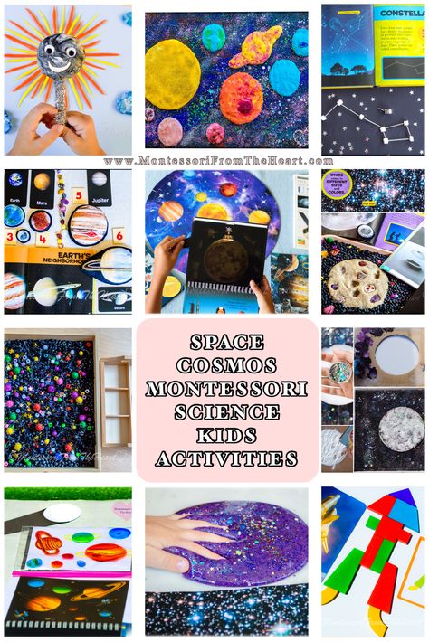 COSMOS themed unit study Montessori cultural and Science kids activities, crafts, and hands-on project-based invitations to learn will fascinate preschoolers and kindergartners while learning about space, the planets, the sun, the stars, and even other galaxies! #montessori #preschool #diy #planets #solarsystem #kidsactivity #kindergarten #sahm #stayathome #SPACE #stemKids #montessori #science #preschool #kindergarten #spaceactivities #cosmosactivities #stem #kidsscience #montessoricultural Galaxy Stem Activities, Science Kids Activities, Toddler Montessori Activities, Homeschool Astronomy, Space Activities For Kids, Science Kids, Montessori Science, Educational Activities For Preschoolers, Solar System Crafts